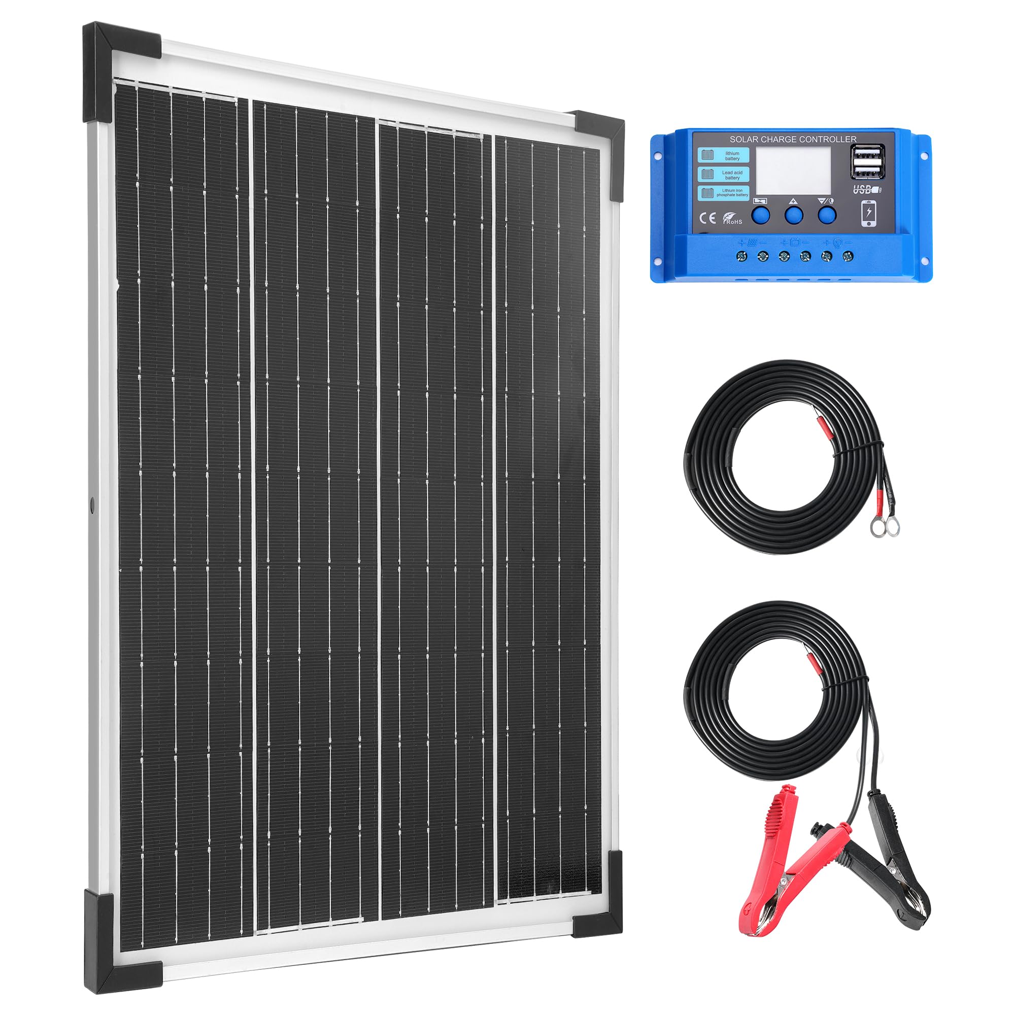 MKK GROUP 20W Monocrystalline Solar Panel Kit 12V Complete Off-Grid Solar System Set for Car RV Marine Boat Camping Emergency Power Supply